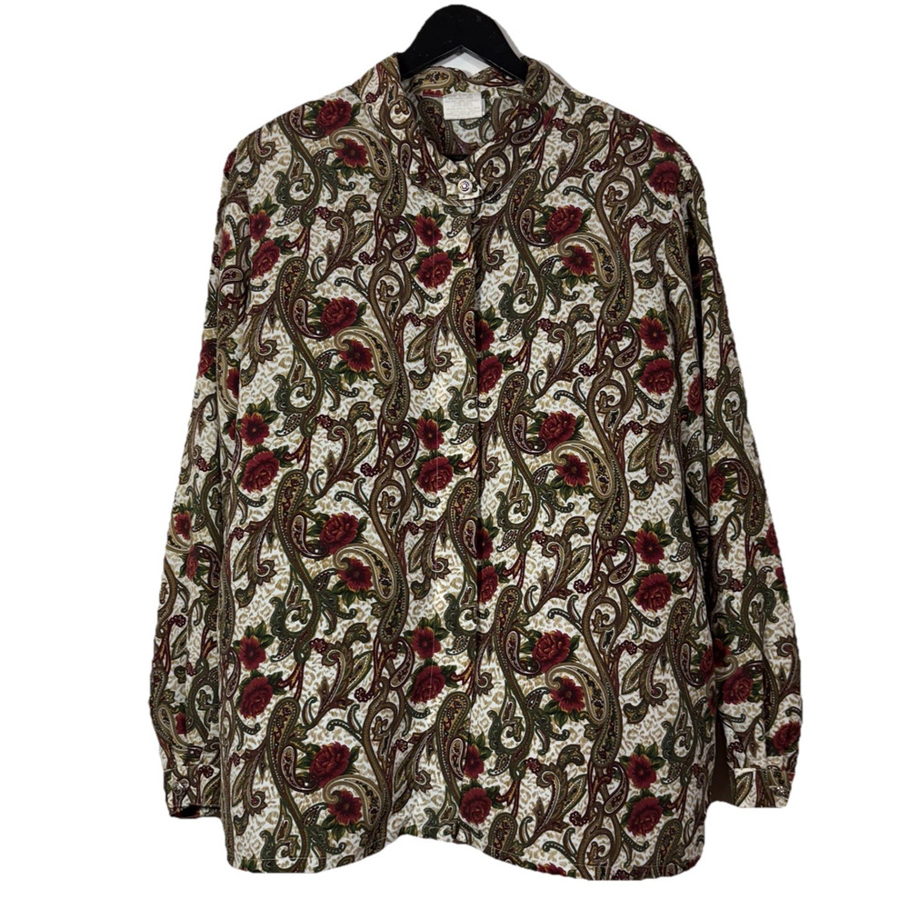 Floral Blouse Burgundy Red Green Button Collar Vtg Koret Preppy Office 16W